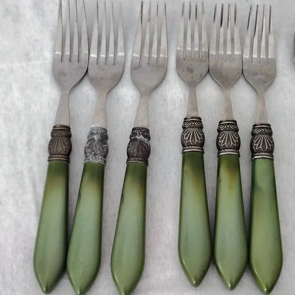 16 Argent Orfevres Green Spoon Fork Knife Sophia Pattern Stainless Steel 188 VTG